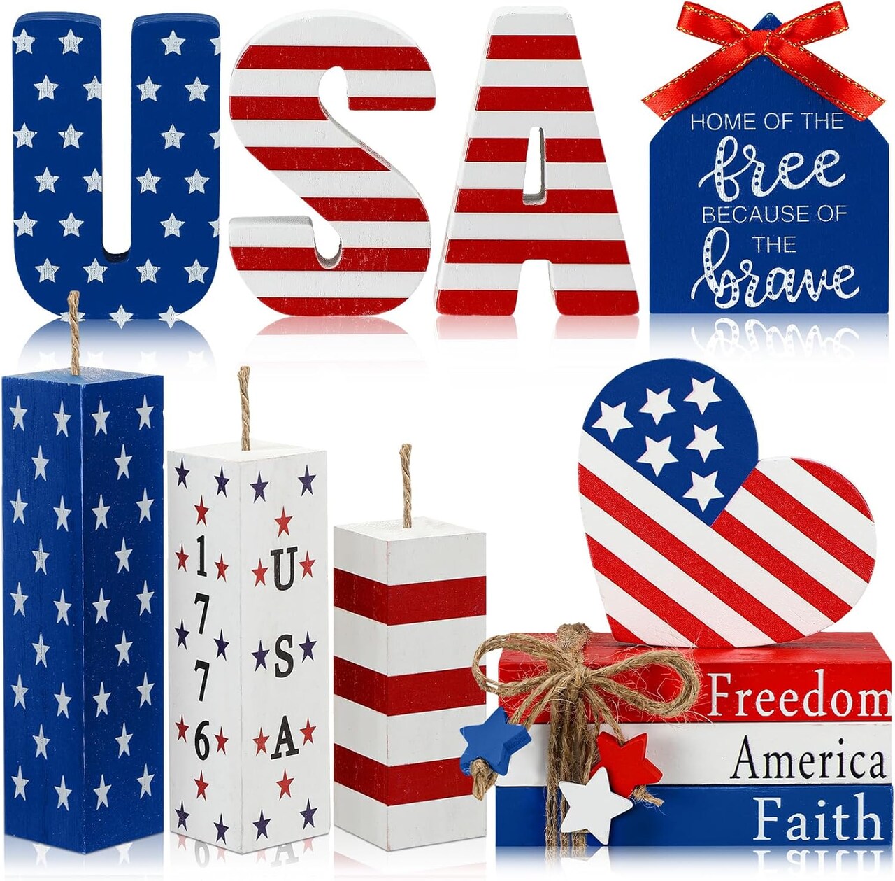 4th of July Tabletop Decorations, 11 Pcs Patriotic Tiered Tray & Table Decor – Memorial Day Red White & Blue Wooden Book, Firework, and USA Centerpieces for Home, Office & 250th Anniversary